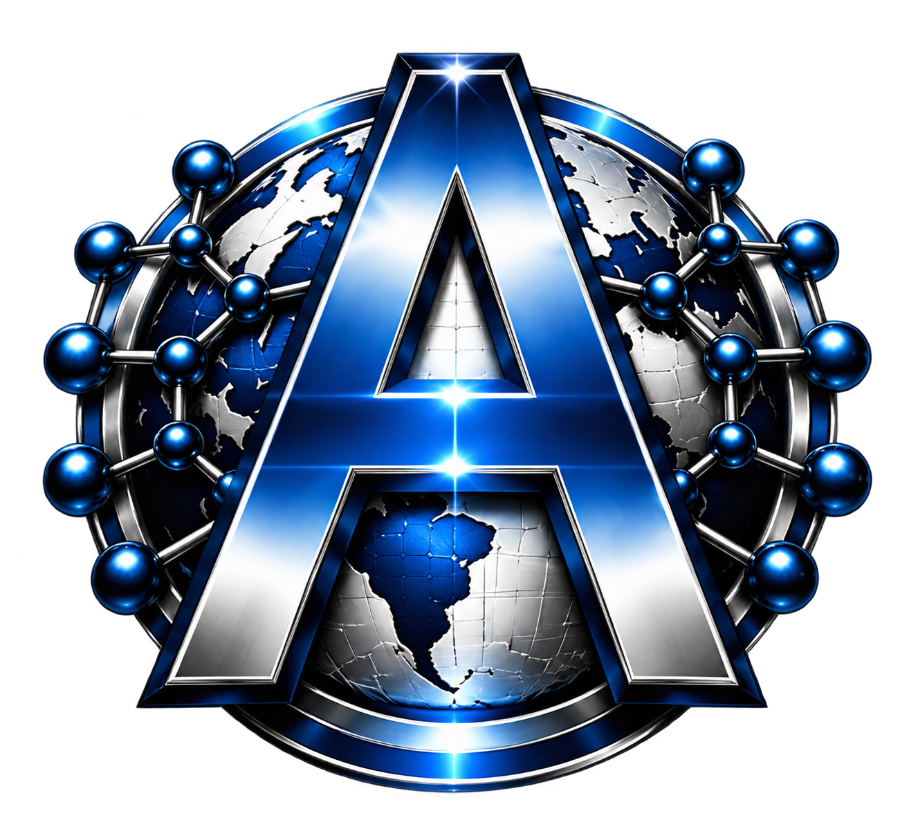 Mapping Aminos blue and silver A globe emblem