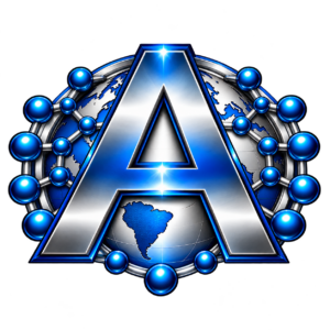 Mapping Aminos silver and blue globe emblem